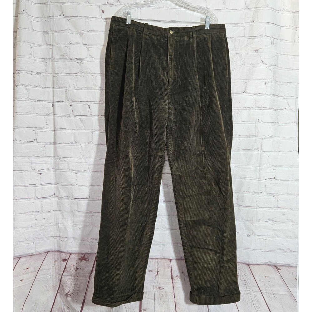 Nautica Vintage Pleated Corduroy Pants Men 40x33 Olive Green Cotton Trousers Y2K